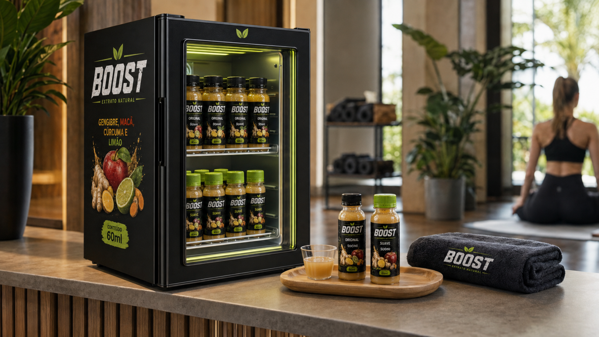 Mini geladeira de balcão Boost com Original e Suave, em ambiente de academia